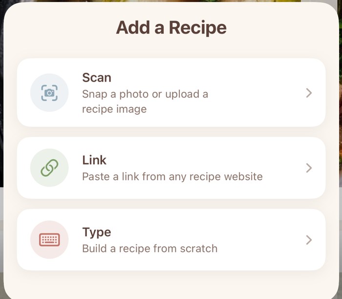 WeeChef Add a Recipe screen with Scan, Link, and Type options