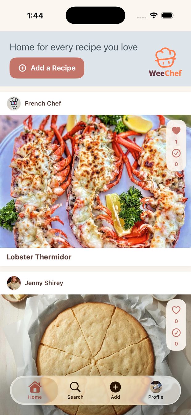 WeeChef home feed showing a saved Lobster Thermidor recipe