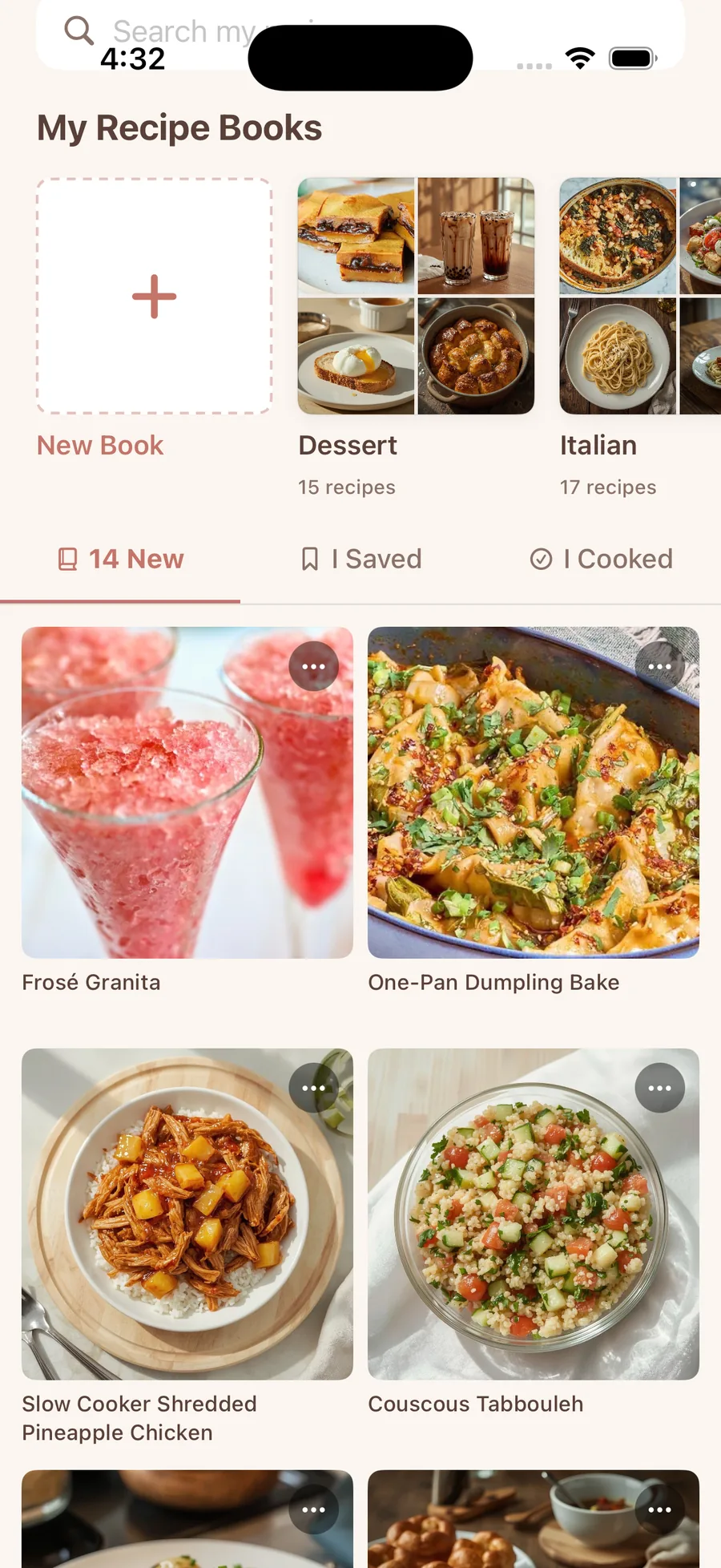 Recipe grid of saved recipes with dish photos